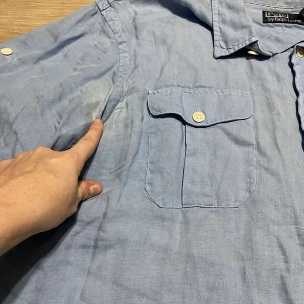 Vintage Polo Ralph Lauren Shirt Mens XL Blue 100% Linen Button‎ Up Pockets Flaws